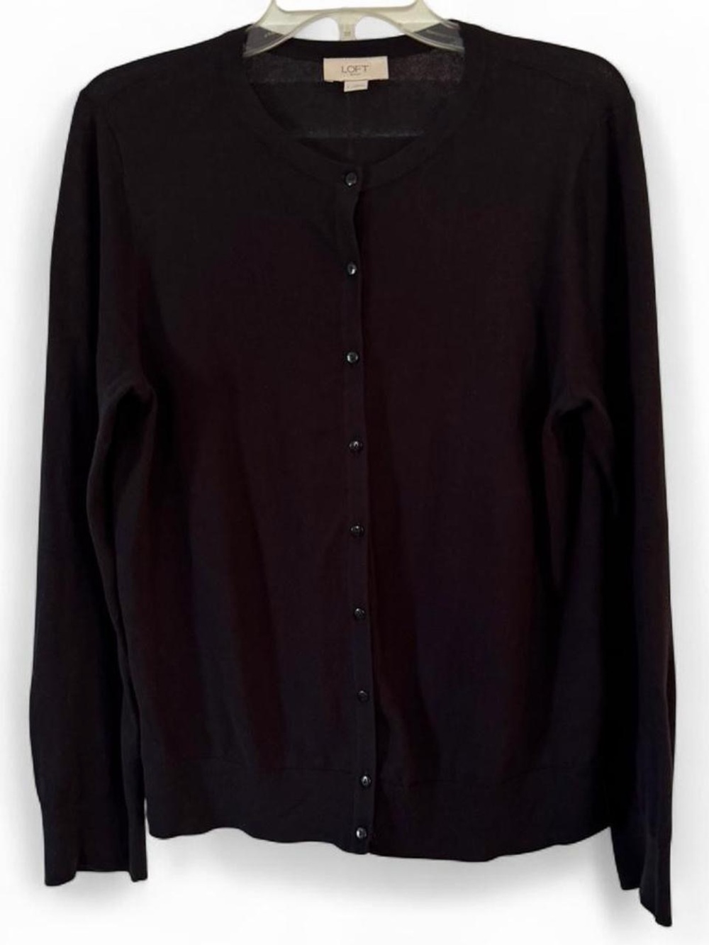 LOFT Black Crew Neck Button-Front Cardigan